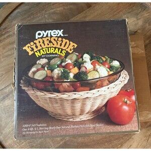 Vintage Pyrex Fireside Naturals Glass Serving Bowl 4 Qt Rattan Basket Brown